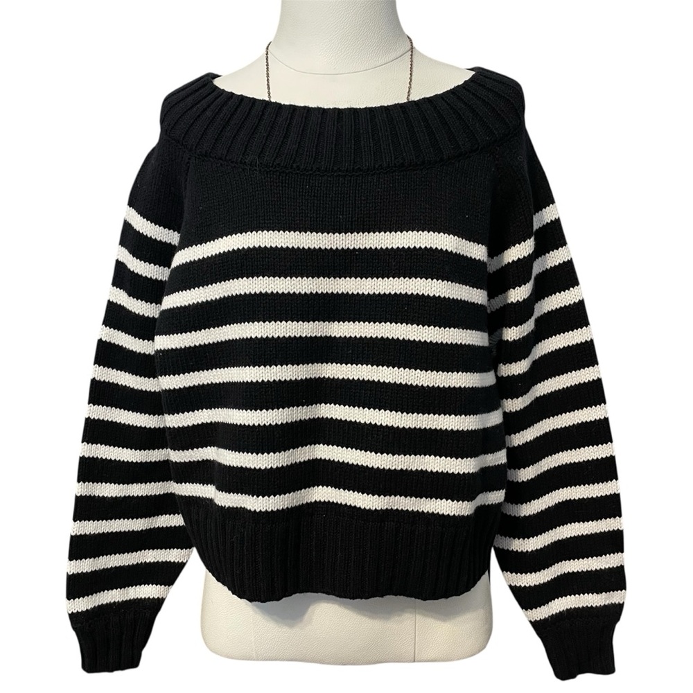Carbon 38 Chunky Black and White Cotton Wool Blend Striped Sweater NWT